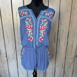 Umgee Blue Embroidered Floral Sleeveless Romper